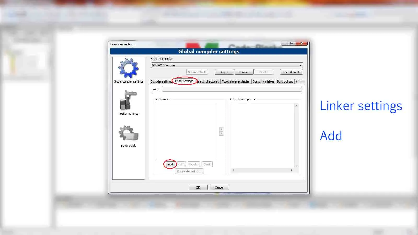 linker settings and add